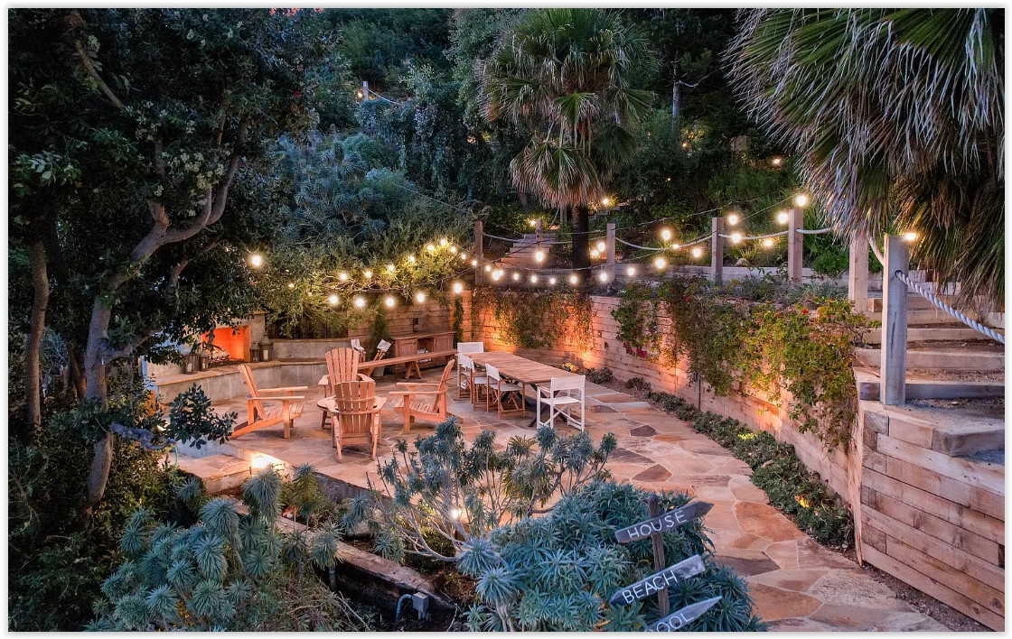 Spacious patio overlooking the Pacific Ocean at an elegant Malibu private estate.