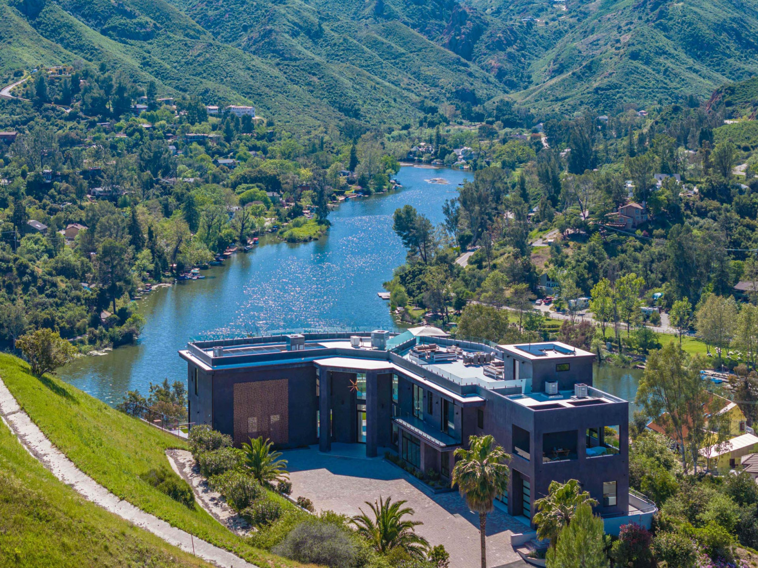 Agoura Hills Modern Estate Aerial View with Pool and Canyon Setting